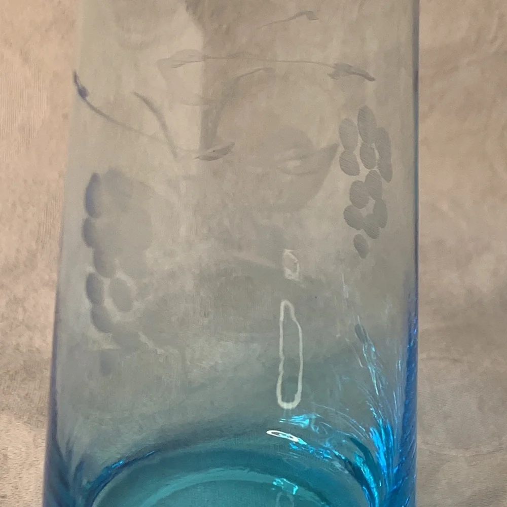 Ice Blue Bud Vase Etched Grapes 9.5” tall - Picture 2 of 4